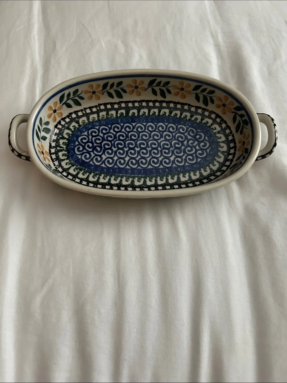 Polish Pottery Hand-Painted Oval Serving Dish in Blue and Yellow